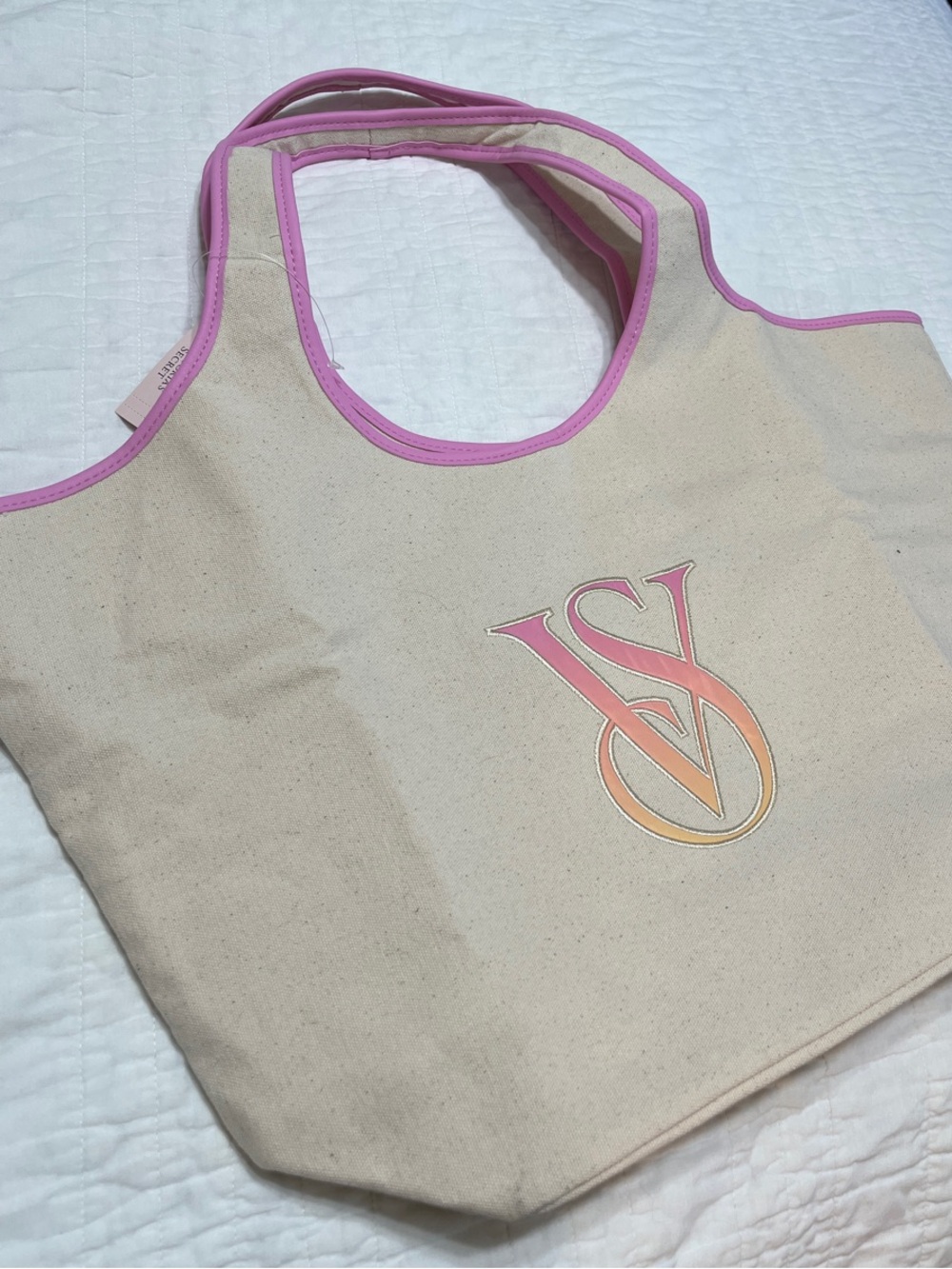 Victoria's Secret Cream Canvas Tote with Pink Trim and Gradient VS Logo